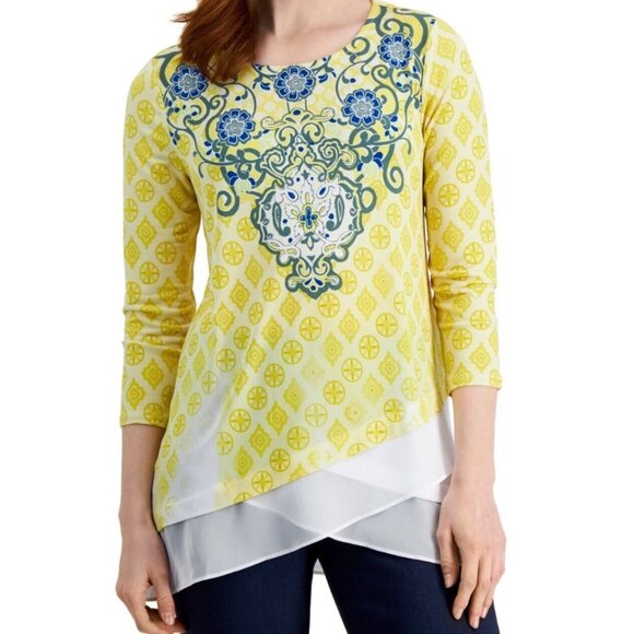 JM Tops - JM Women's Layered Scoop Neck Top Color Yellow Prints Size M